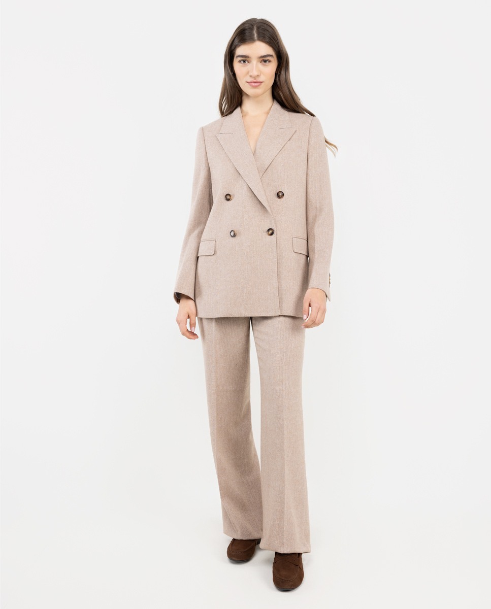 Beige Herringbone Double-Breasted Jacket