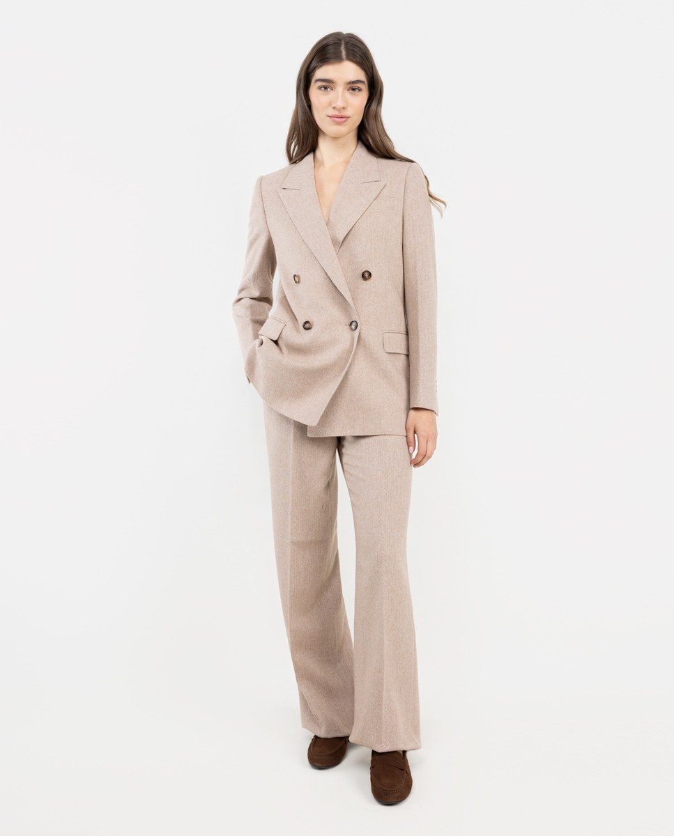 Beige Herringbone Double-Breasted Jacket