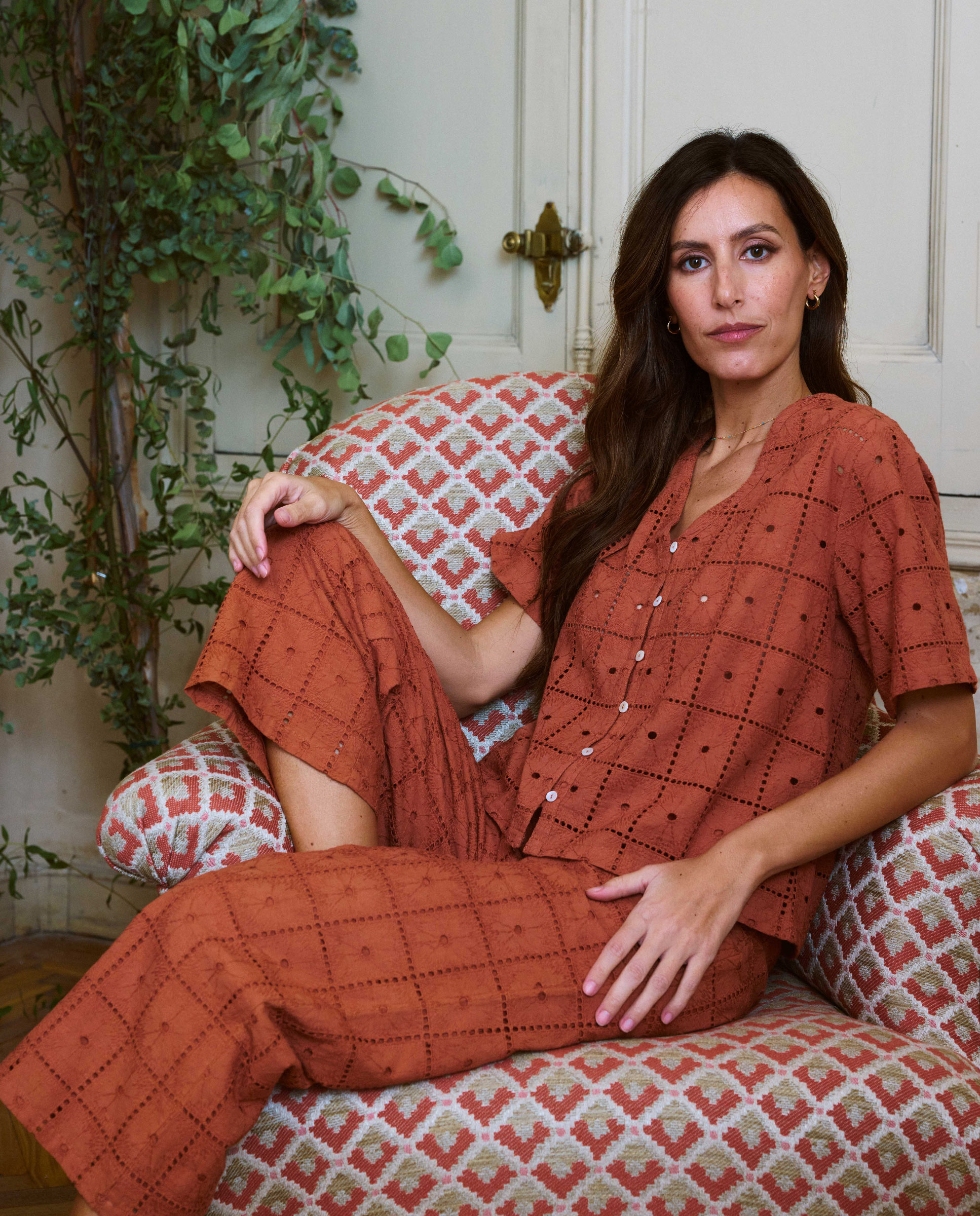 Camisa Lina Bordados Teja