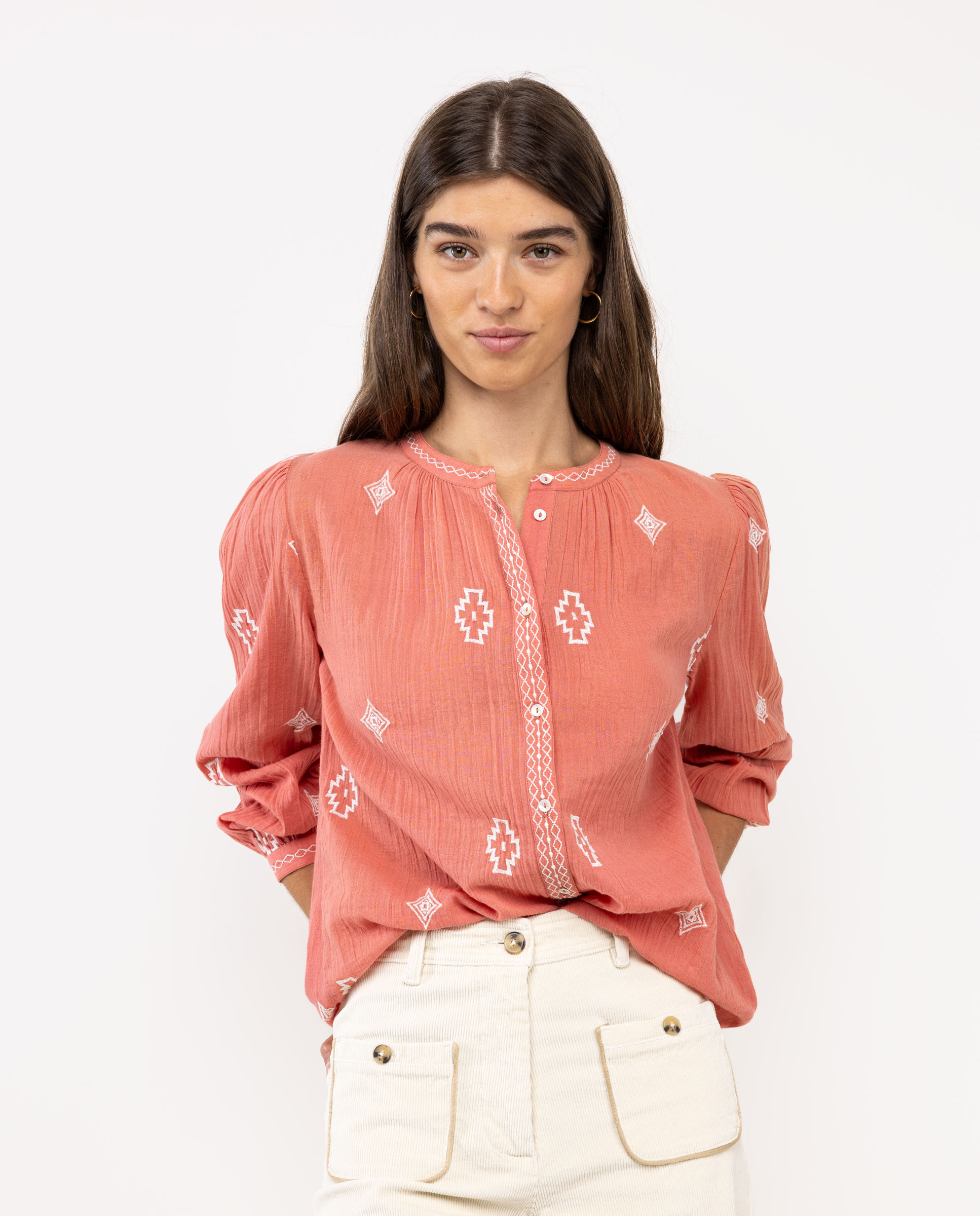 Coral Blouse W Embroidery