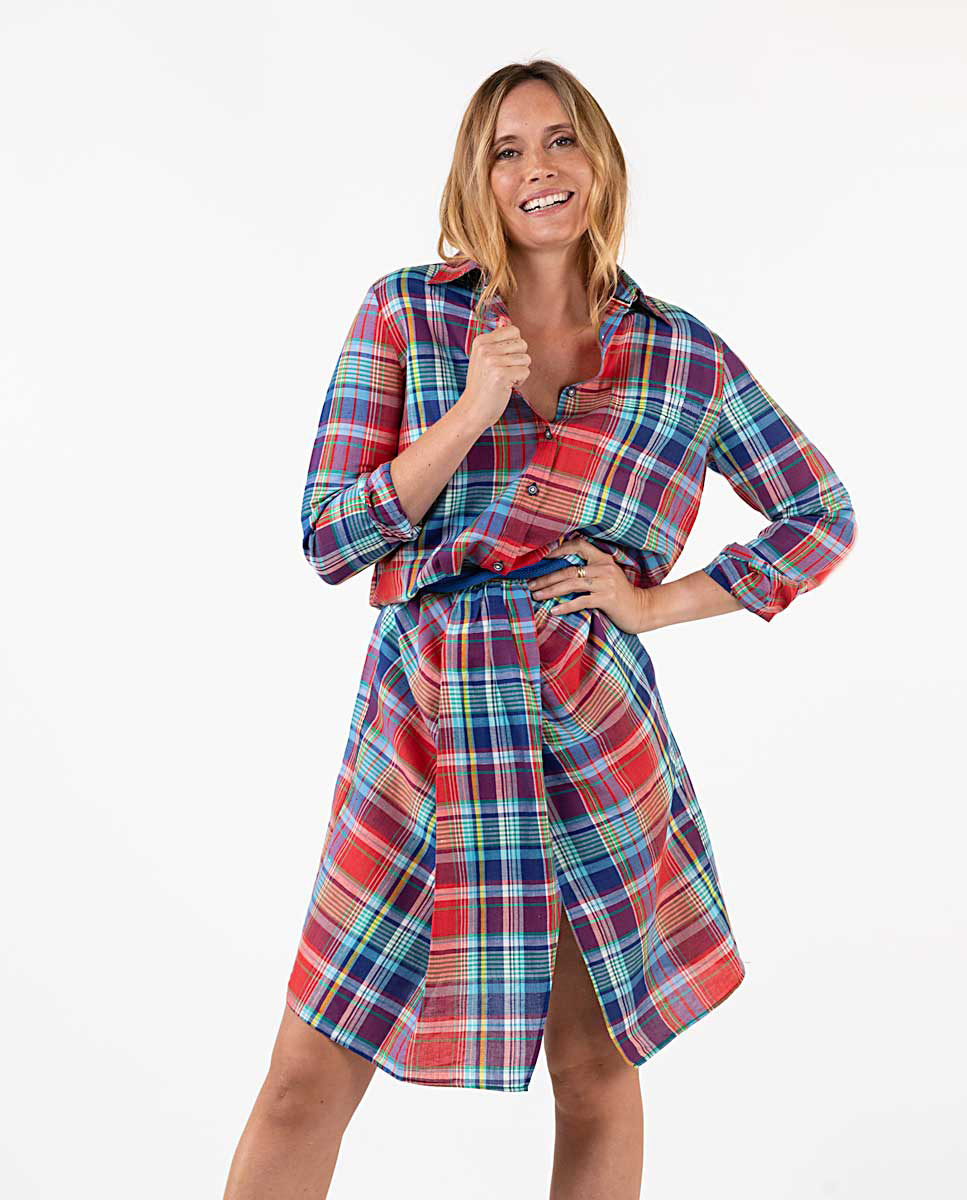 Red Blue Checked Wrap Dress