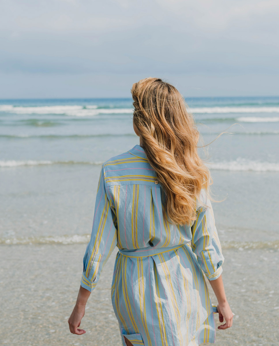 Shirt Dress W Stripes Over Light Blue