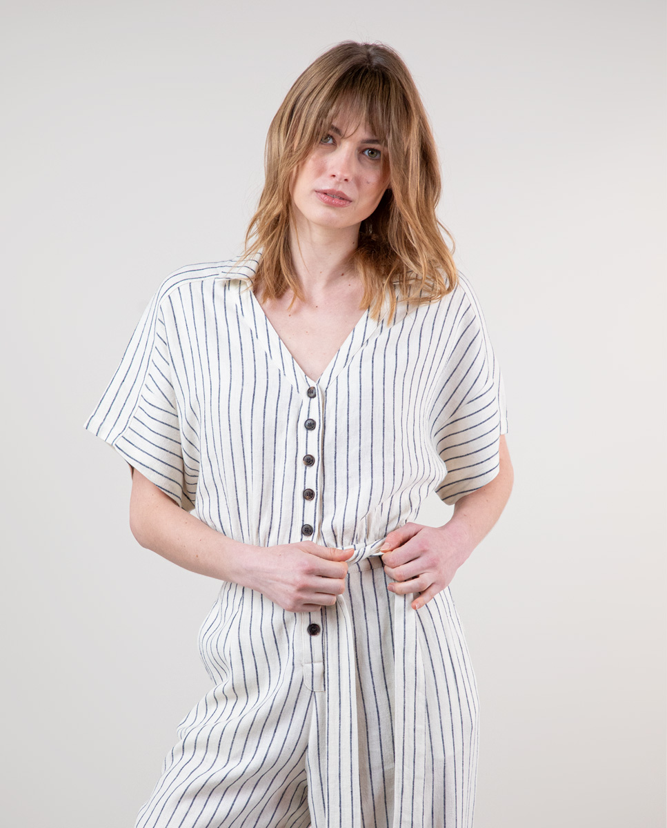 Cream Linen Shirt Jumpsuit W Stripes