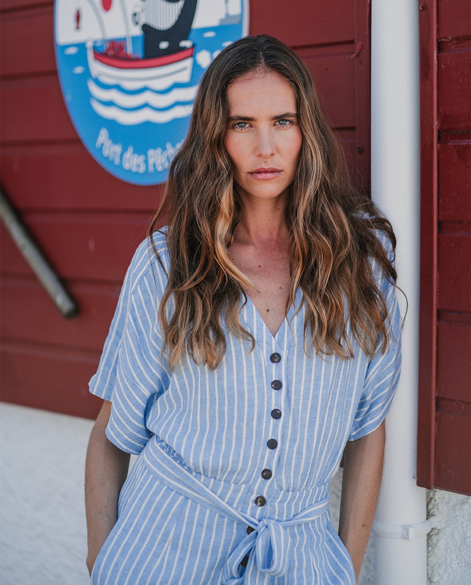 Blue Linen Shirt Jumpsuit W Stripes