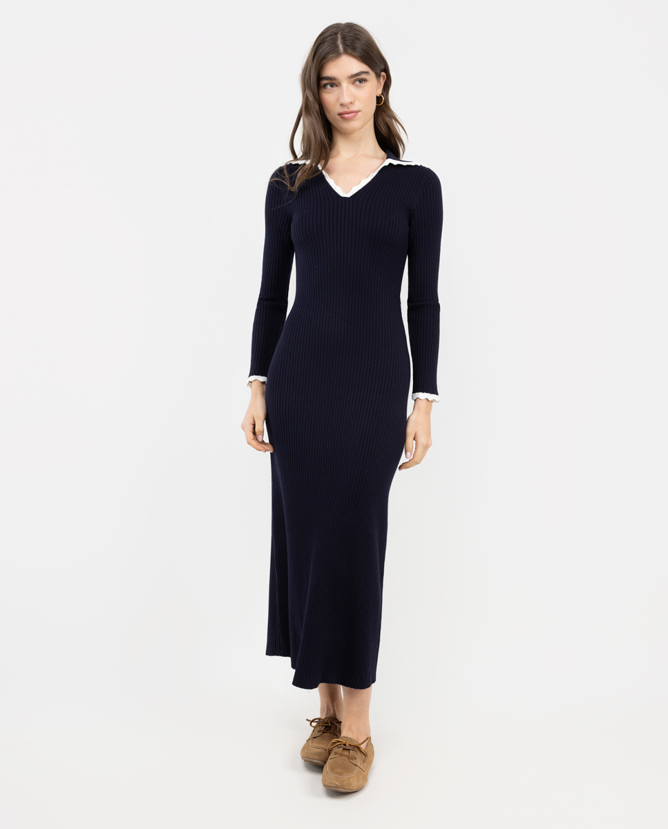Long Ribbed Knit Dress W Navy Contrast