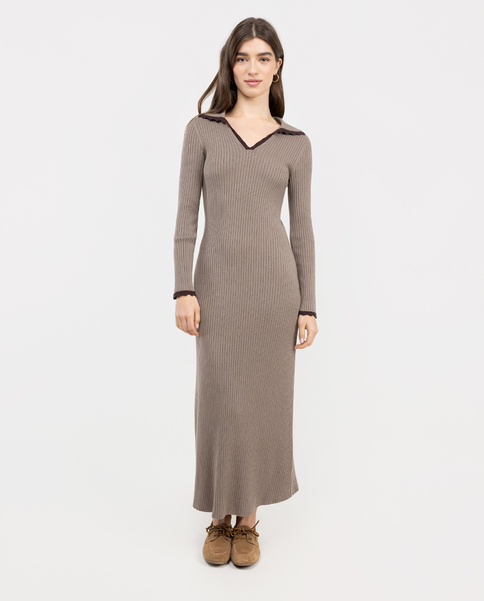 Vestido Largo Punto Canalé Contraste Topo