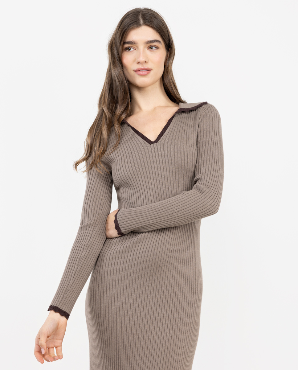 Long Ribbed Knit Dress W Taupe Contrast