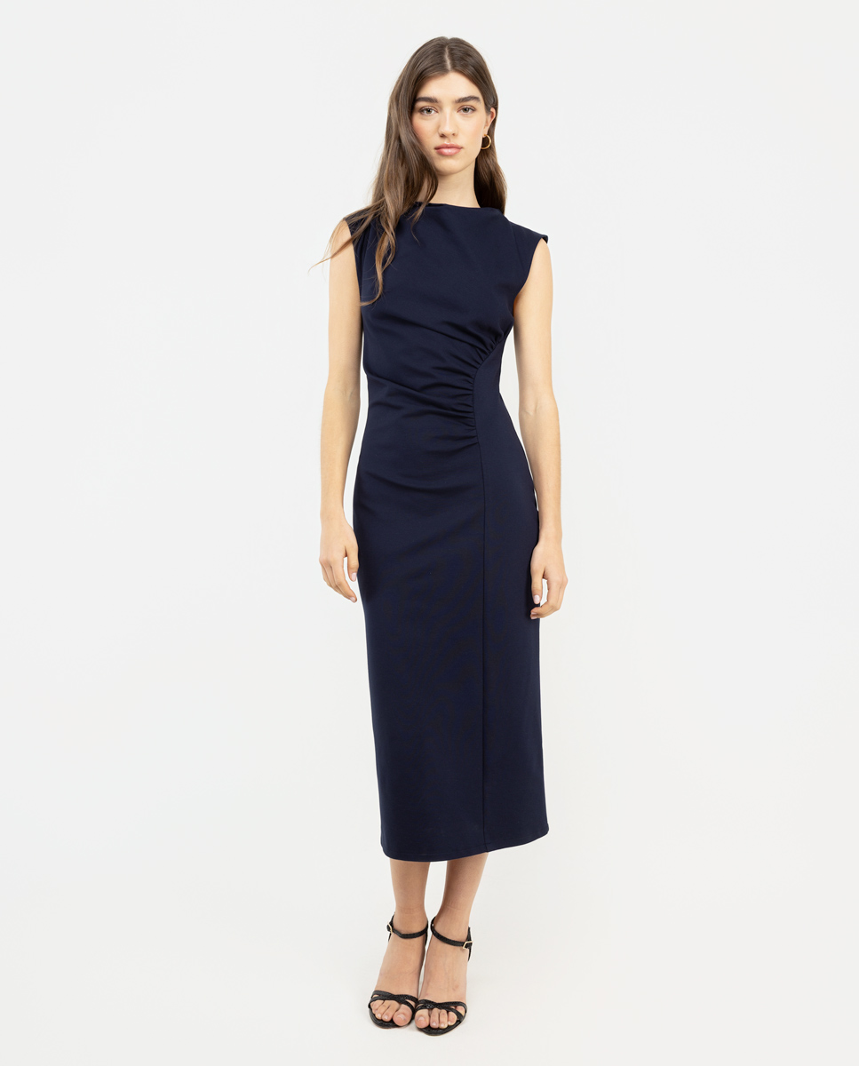 Long Ribbed Knit Dress W Navy Contrast