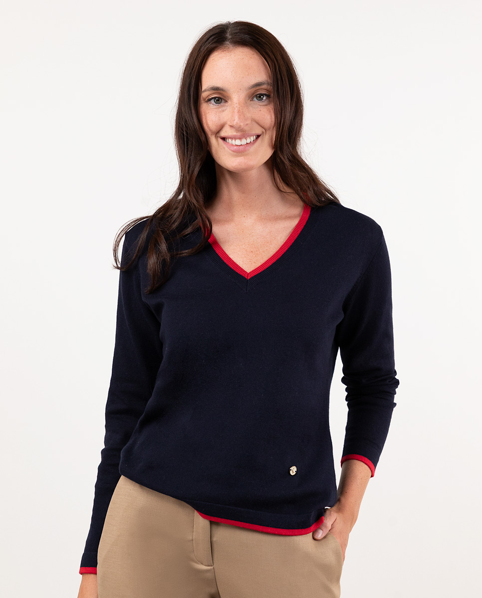 Jersey Cuello Pico Marino Contraste Rojo