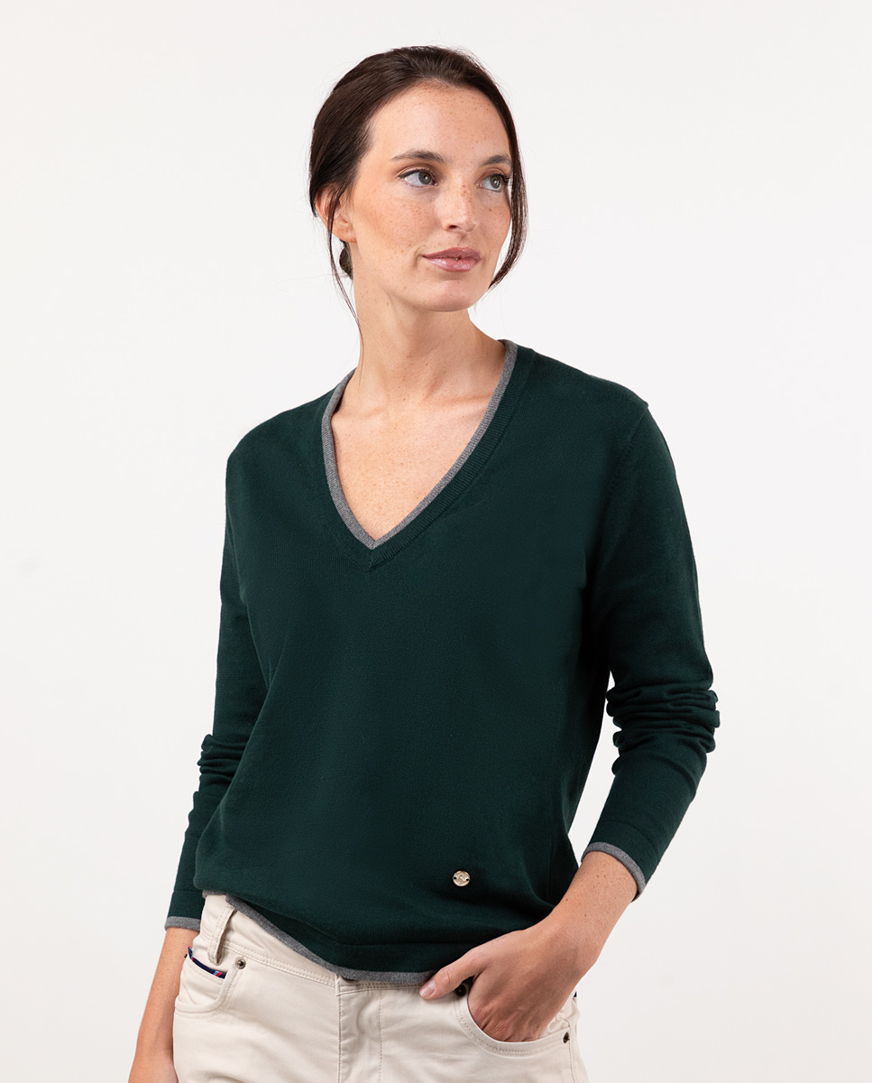Green V-Neck Jumper W Grey Contrast