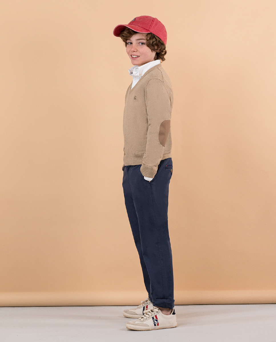 Beige V-neck Jumper W Elbow Patches