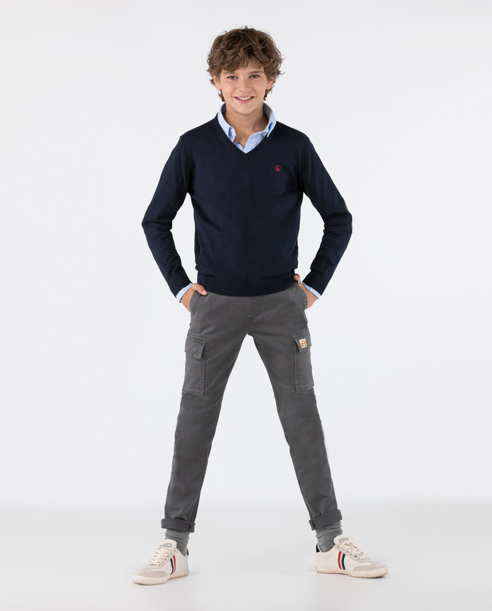 Navy V-Neck Jumper with Elbow Patches