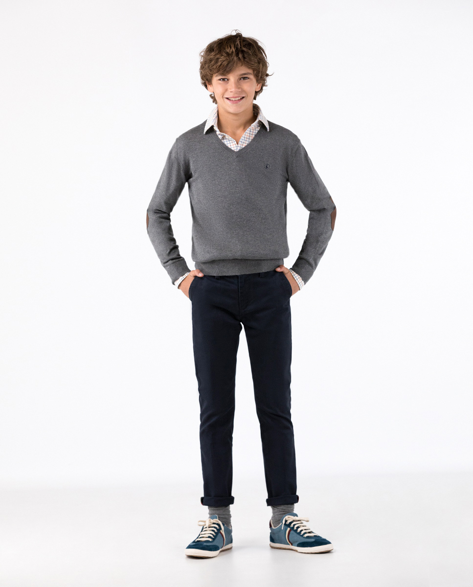 Grey V-Neck Jumper with Elbow Patches