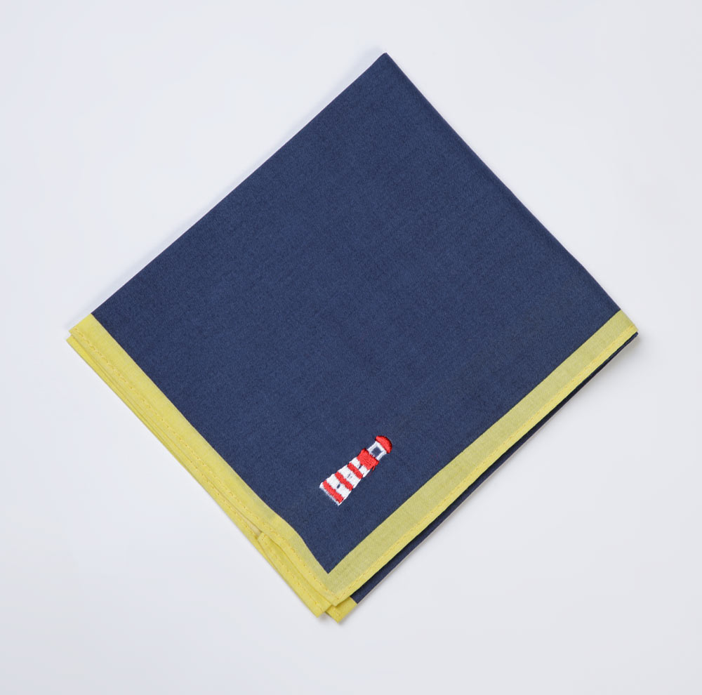 Bright Yellow Navy Handkerchief Embroidered Lighthouse