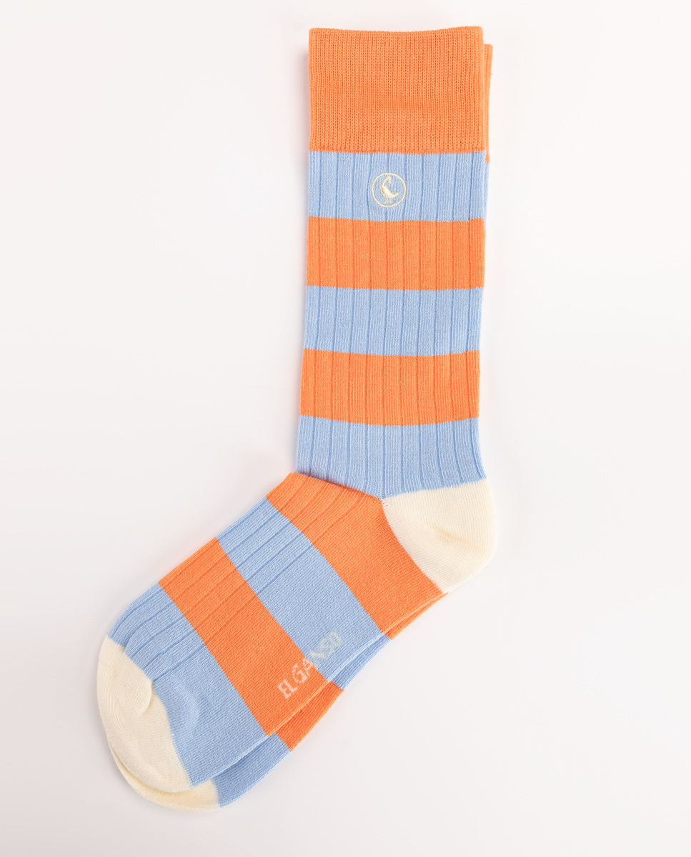 Ribbed Blue Cotton Socks W Stripes