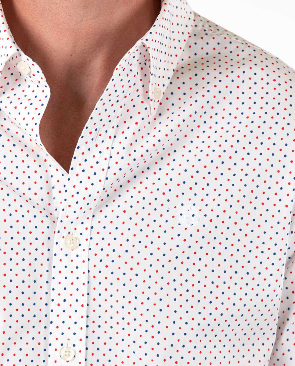 Two-Tone Navy Red Taupe Print Shirt