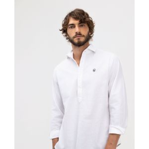 Camisa Polera Algodón Lino Cuello Italiano Blanco