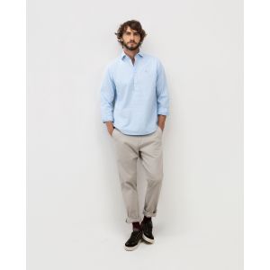Camisa Polera Algodón Lino Cuello Italiano Celeste