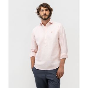 Camisa Polera Algodón Lino Cuello Italiano Granate