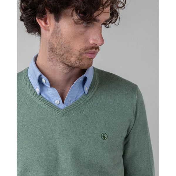 Green V-Neck Jumper W Elbow Patches