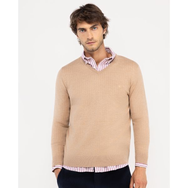 Beige Merino Jumper W V-neck