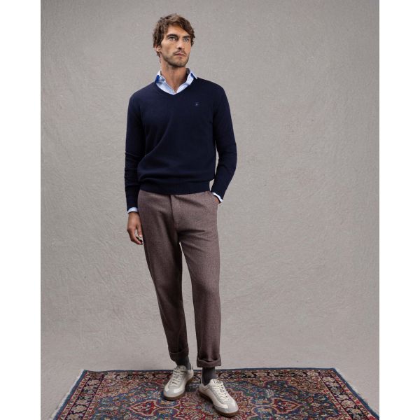 Merino V-Neck Sweater, Navy Grey